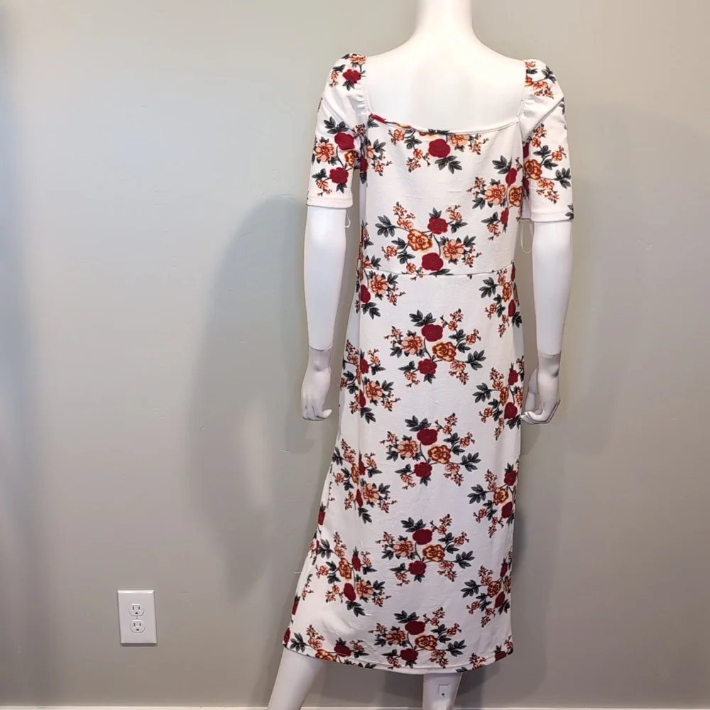 SHEIN White And Red Floral Square Neck Short Sleeve Slit Front Midi Dress XXL